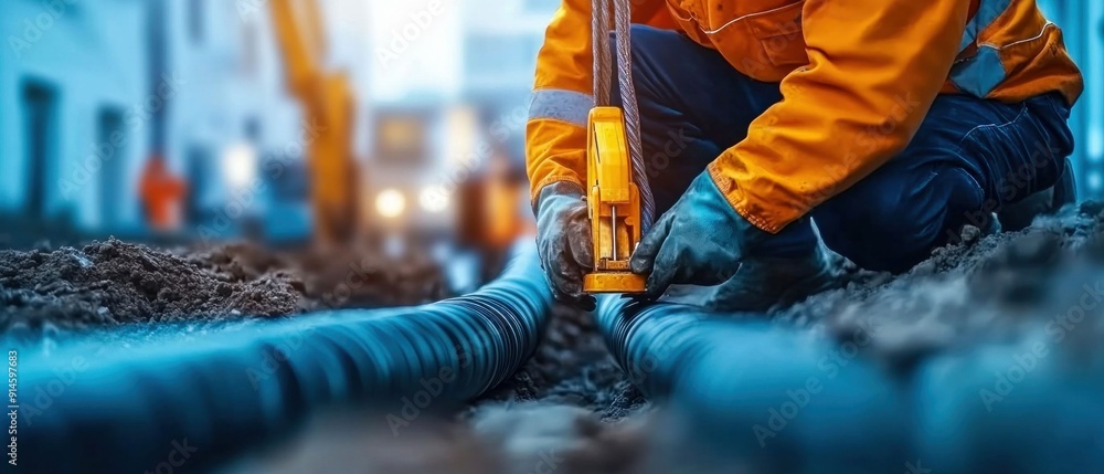 Construction Worker Installing Electrical Cables. Generative ai Construction Worker Installing Electrical Cables. Generative ai