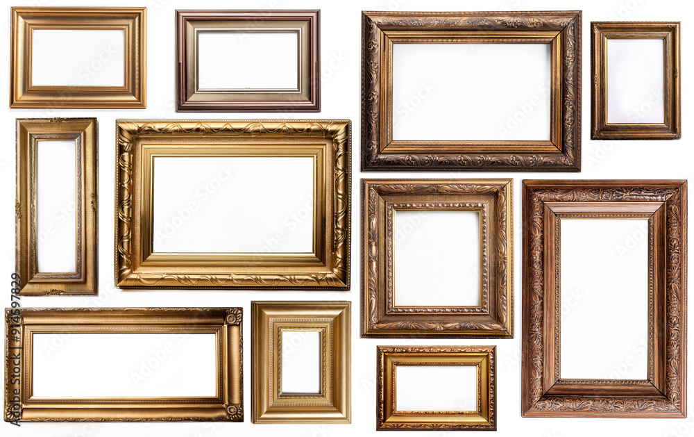 Set of empty golden wooden frames isolated on white background. Generated image Set of empty golden wooden frames isolated on white background. Generated image