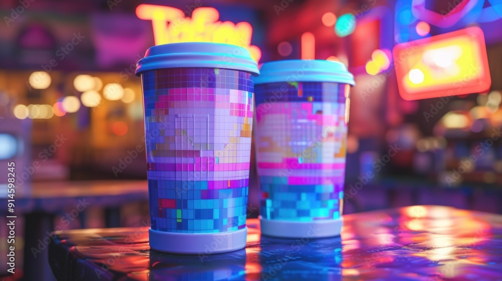 dynamic and bright design of pixel art travel mug, retro-modern feel, dynamic and bright design of pixel art travel mug, retro-modern feel,
