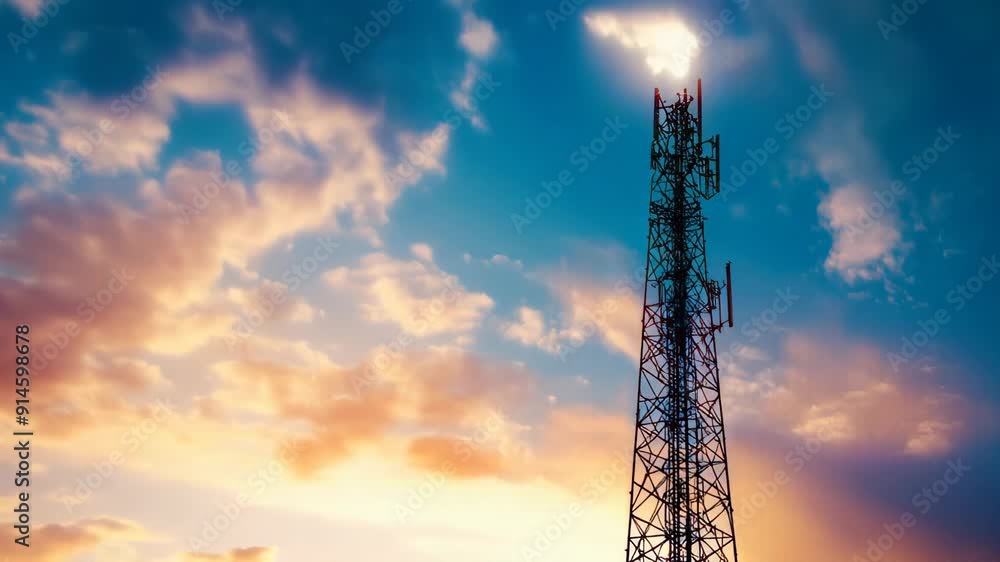 3d animation of a telecommunications tower with bright lights against a cloudy sky
