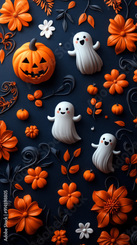 Vertical Halloween illustration. Cute plastic ghosts and pumpkins on a dark background, with cobwebs and autumn leaves. A bright and cheerful composition for Halloween decoration.