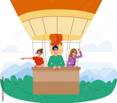 sky hot air balloon ride vector. flight high, landscape adventure, fly blue sky hot air balloon ride character. people flat cartoon illustration