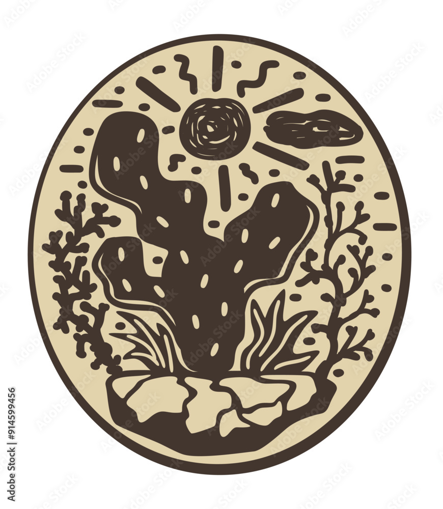 Monochrome simple landscape with cactus in a round. Brazilian cordel woodcut. Vector isolated illustration Monochrome simple landscape with cactus in a round. Brazilian cordel woodcut. Vector isolated illustration