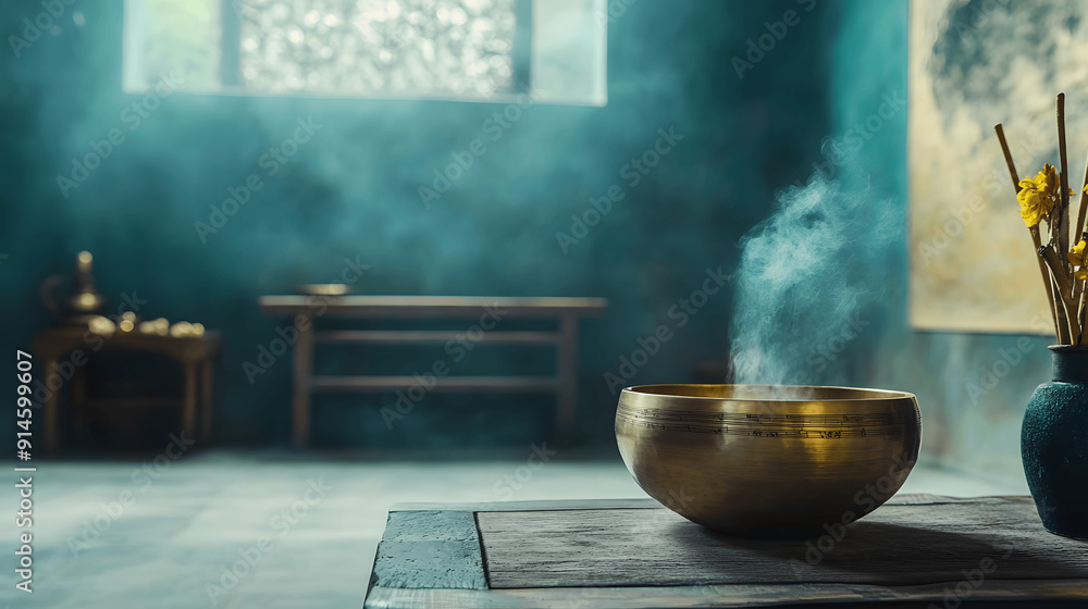 Tibetan singing bowl being played in tranquil meditation room Tibetan singing bowl being played in tranquil meditation room