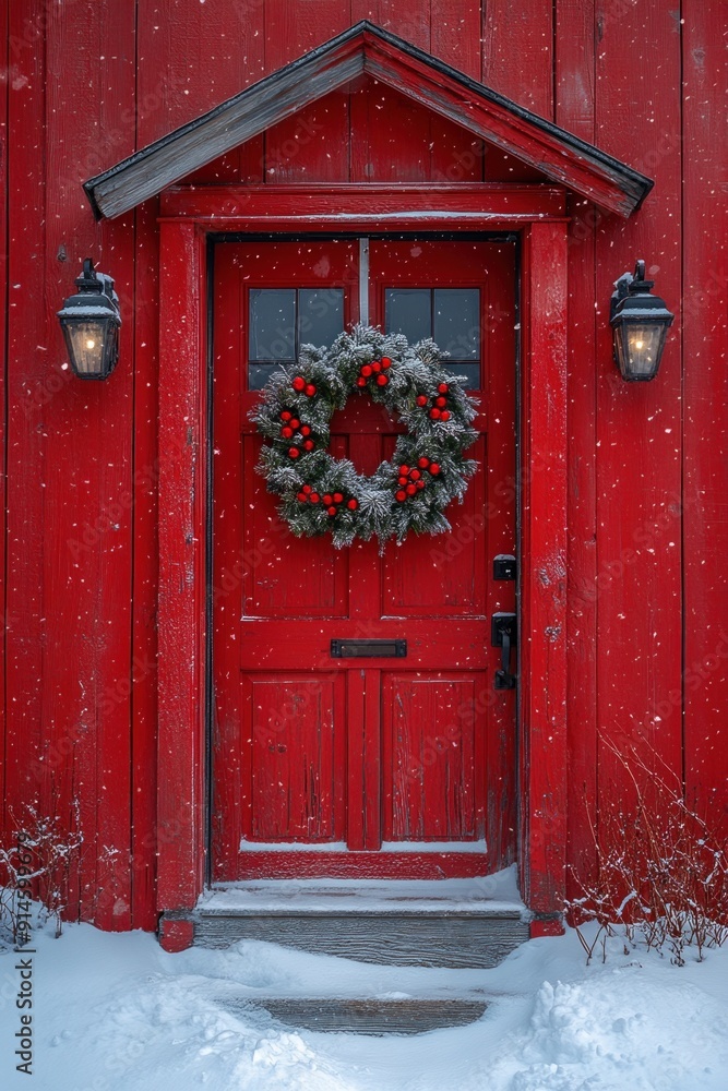 A cozy red door adorned with a festive wreath amidst falling snow.