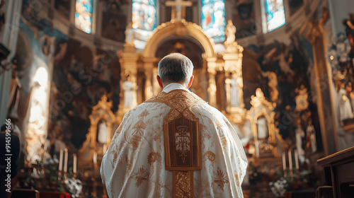 Catholic priest giving blessing in white cassock and gold stole