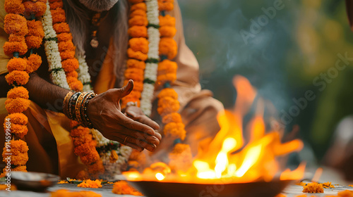 Hindu priest performing ritual with sacred fire and marigold garlands