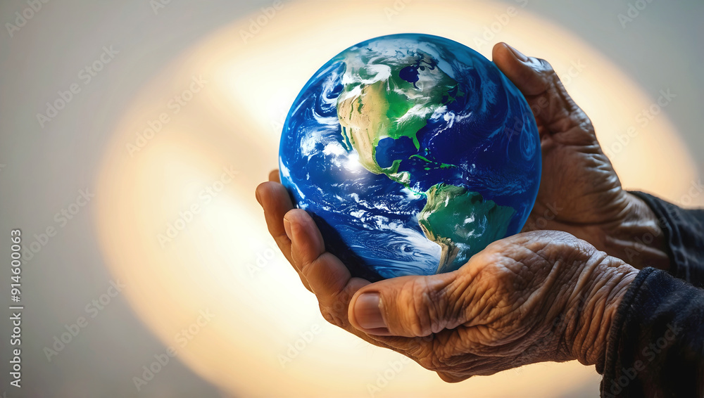 Old wrinkled hands holding world globe, planet earth, eco environmental concept, global connection, save the planet background, template, copy space area