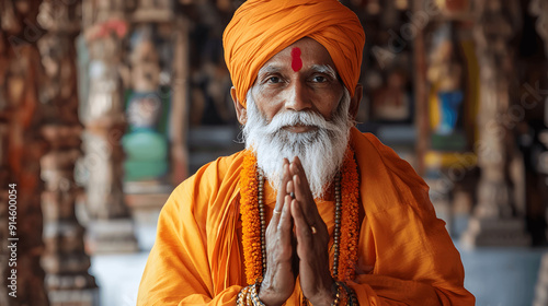 Hindu swami in orange robes with rudraksha beads offering blessing
