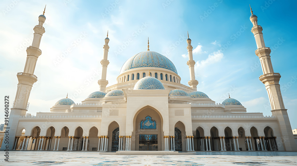 Fototapeta premium Majestic mosque with central dome and minarets, intricate patterns, under clear blue sky