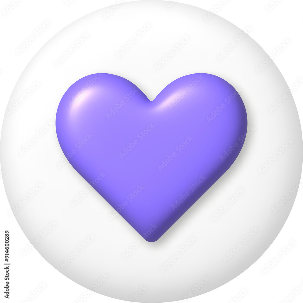 3d icon. Purple love heart on white button. PNG illustration. 3d icon. Purple love heart on white button. PNG illustration.
