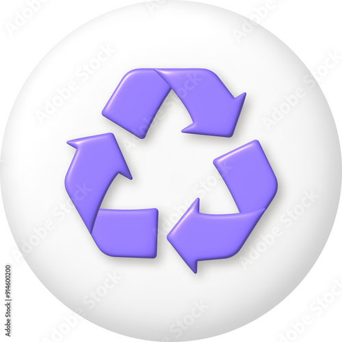 3d icon. Purple arrow recycle on white button. PNG illustration.