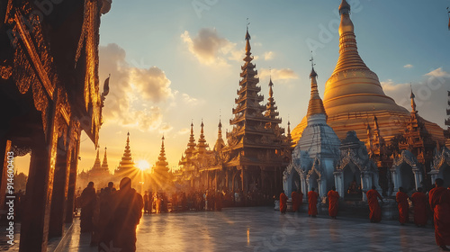 Peaceful image of Shwedagon Pagoda with golden stupa, monks, and worshippers in Myanmar