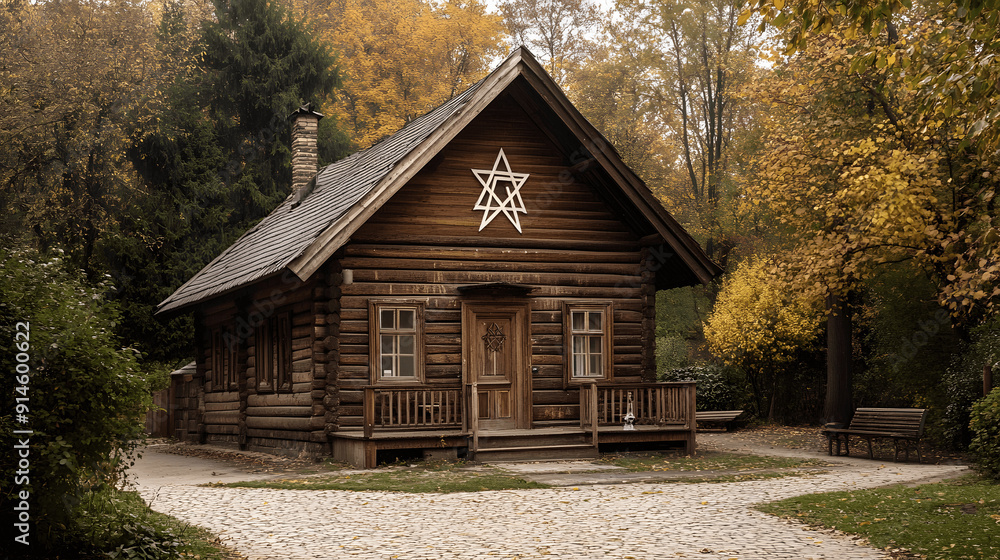 Rustic wooden synagogue in quiet village with Star of David displayed Rustic wooden synagogue in quiet village with Star of David displayed