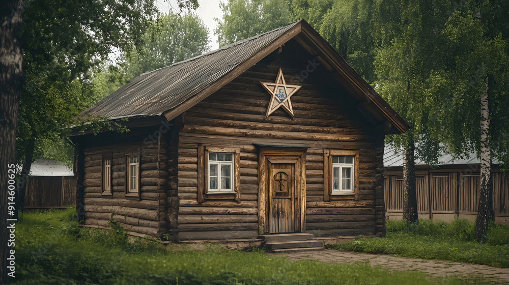 Rustic wooden synagogue in quiet village with Star of David displayed Rustic wooden synagogue in quiet village with Star of David displayed