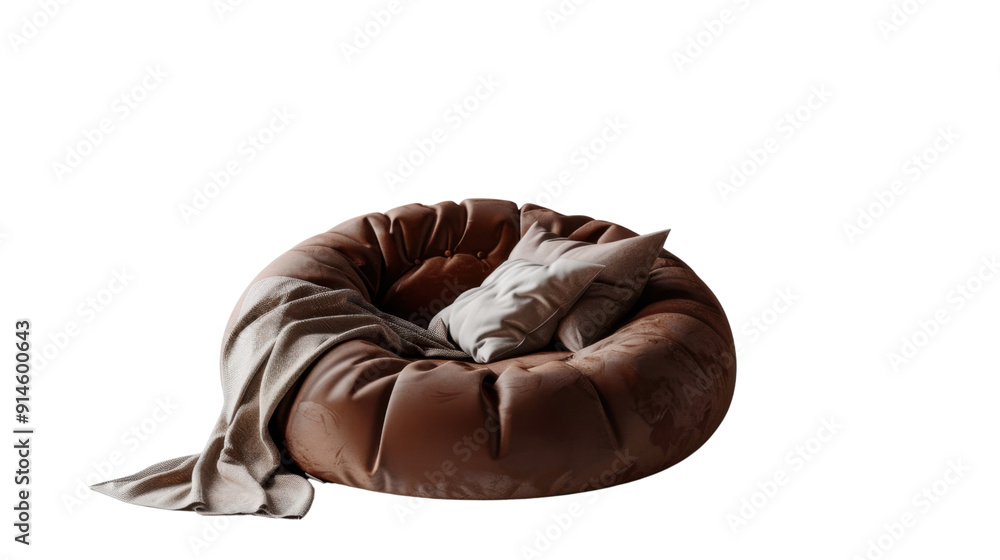 Chocolate single armchair with round pillow and blanket on transparent background Chocolate single armchair with round pillow and blanket on transparent background