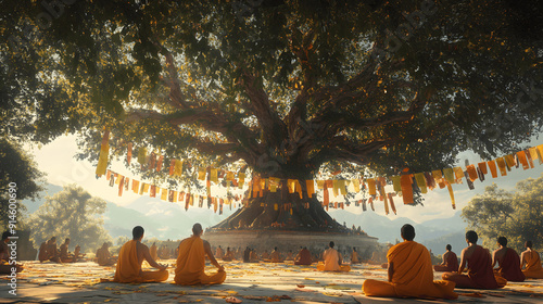 Serene depiction of sacred Bodhi Tree in Bodh Gaya with prayer flags and devotees