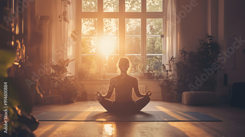 Serene room with yoga mat and person practicing guided meditation with soft light