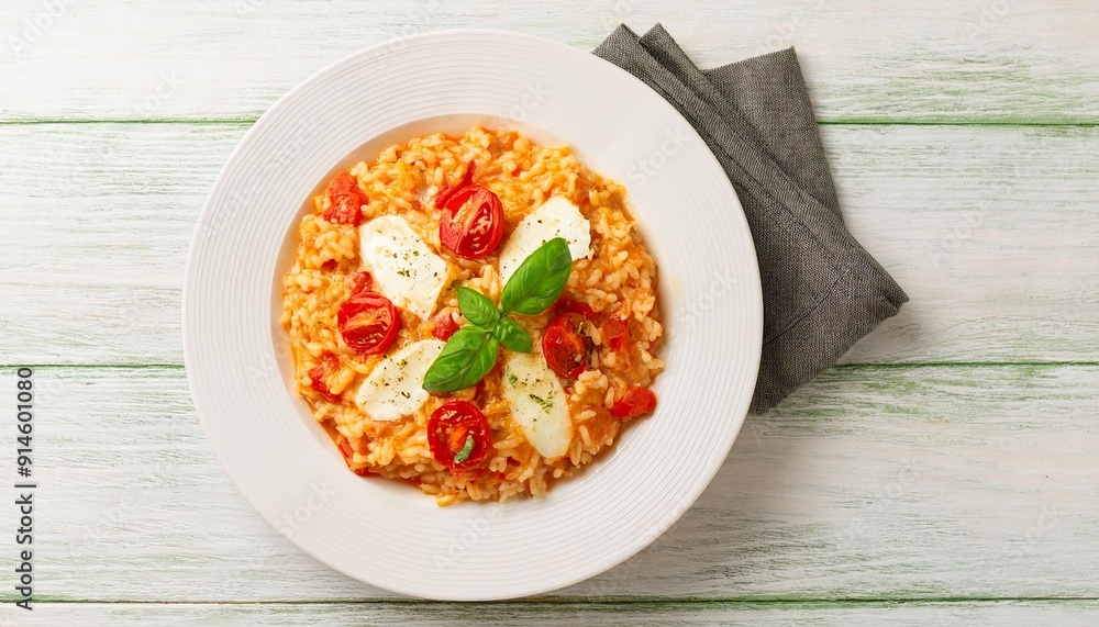 Top view of a caprese risotto with cherry tomatoes and buffalo mozzarella. White wooden table and napkin in the composition.
Top view of a caprese risotto with cherry tomatoes and buffalo mozzarella. White wooden table and napkin in the composition.