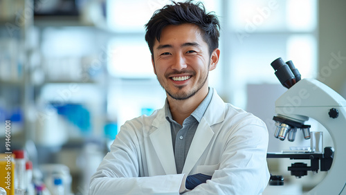 Asian Man Lab Technician - cientist, lab, microscope, laboratory, research, science, doctor, healthcare, professional, experiment, white coat, smiling, medical photo