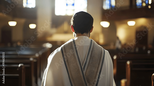 Serene setting of Jewish cantor singing prayers during service with tallit in warmly lit synagogue