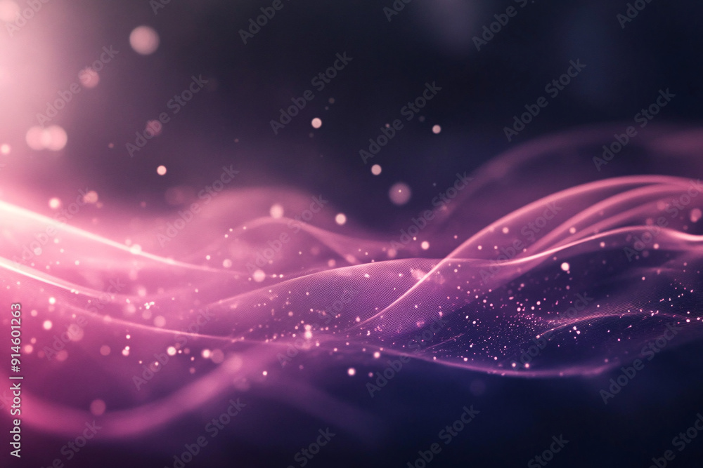 Fototapeta premium Flowing pink waves and sparkling particles float against a dark background, creating an ethereal and dreamy abstract design
