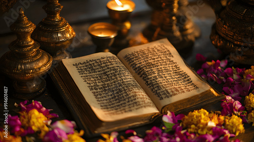 Open Vedas scripture with Sanskrit verses, lamps, and flowers