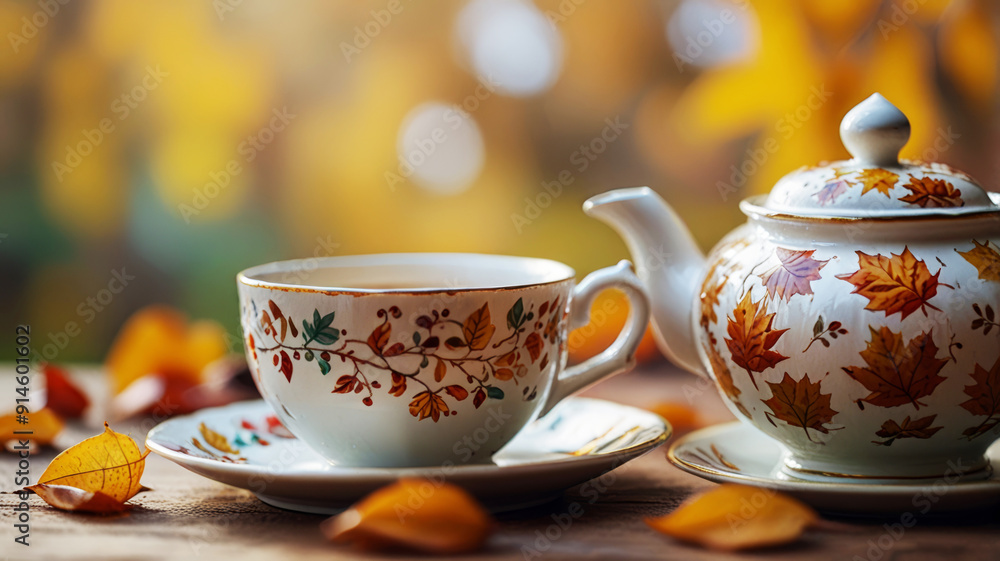 Autumn still life. Beautiful cup of tea and bright autumn leaves against a blurred forest landscape Autumn still life. Beautiful cup of tea and bright autumn leaves against a blurred forest landscape