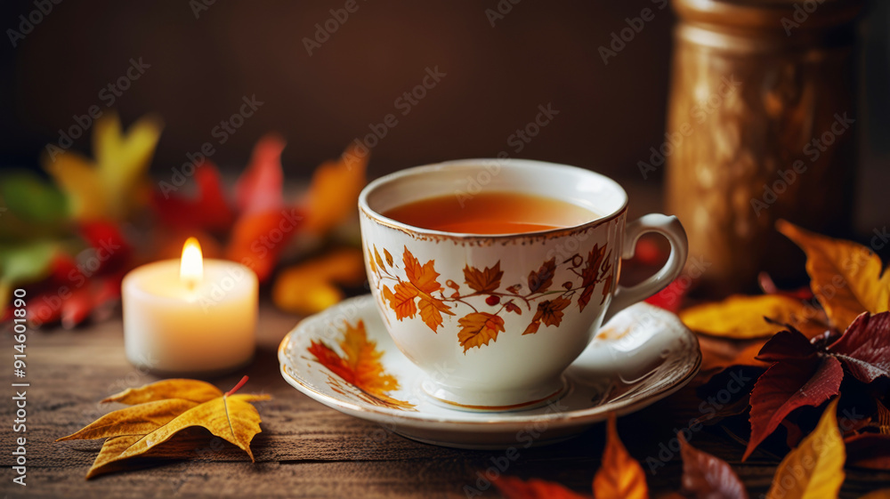 Beautiful cup of tea, burning candles, bright autumn leaves, soft light, an atmosphere of coziness and tranquility Beautiful cup of tea, burning candles, bright autumn leaves, soft light, an atmosphere of coziness and tranquility