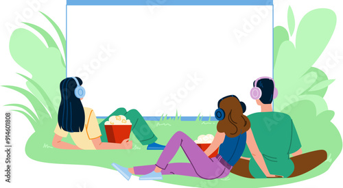 movie outdoor cinema vector. outside screen, night theater, watching air movie outdoor cinema character. people flat cartoon illustration
