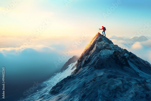 A traveladventurethemed 3D image of a mountaineer scaling a detailed, threedimensional peak, capturing the thrill of adventure