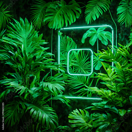Green and Blue Neon Light with Tropical Leaves creative ai