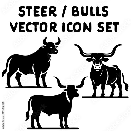 Steer Bull Silhouette Vector Icon Set 