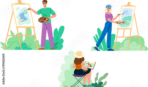 paint outdoor painting vector. watermountain outside, abstract house, wall canvas paint outdoor painting character. people flat cartoon illustration