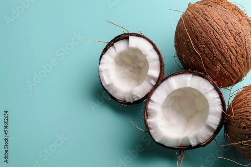 Whole and Halved Coconuts on Blue Background