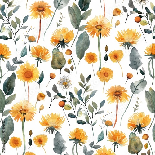 Floral seamless pattern with watercolor dandelion.