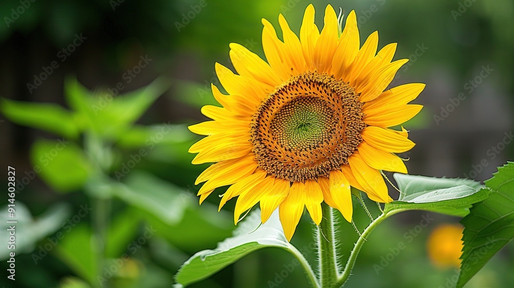   Sunflower in focus with blurred green foliage and distant building
