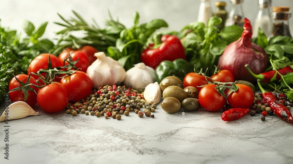 Fresh Tomatoes, Herbs, and Spices on Wooden Tabletop With Bokeh Lights Fresh Tomatoes, Herbs, and Spices on Wooden Tabletop With Bokeh Lights