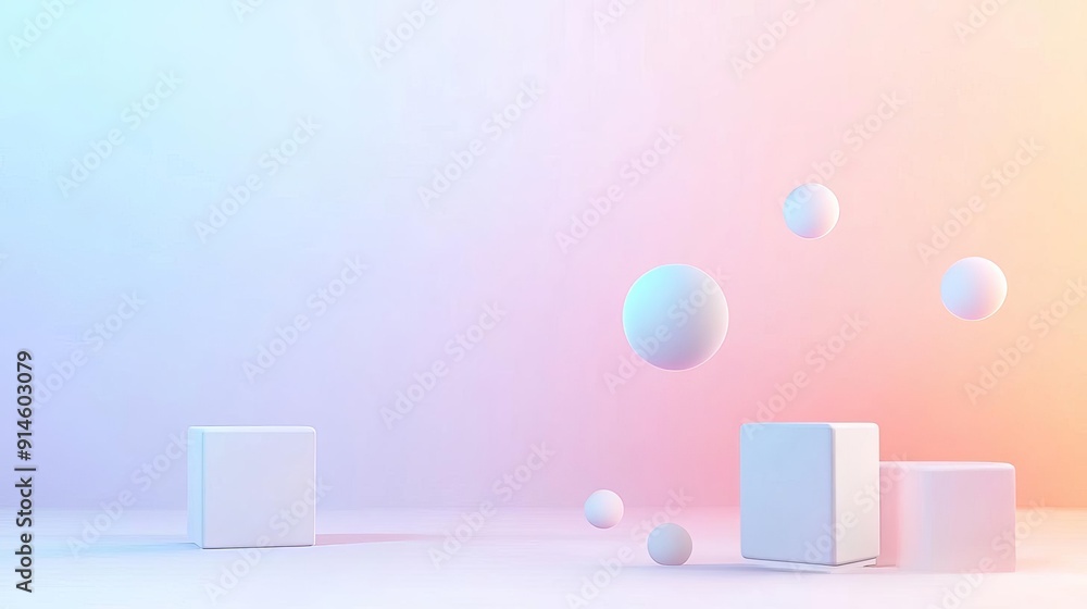 Minimalist 3D render of geometric shapes, with cubes and spheres floating in a gradient pastel background. Minimalist 3D render of geometric shapes, with cubes and spheres floating in a gradient pastel background.