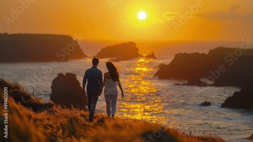 Couple Walking Hand-in-Hand on Sandy Beach at Sunset