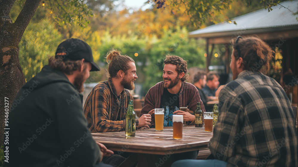 a group of male friends drink beer in an outdoor bar a group of male friends drink beer in an outdoor bar