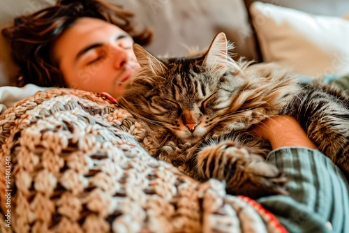 Sleeping with pet, adorable and furry cat