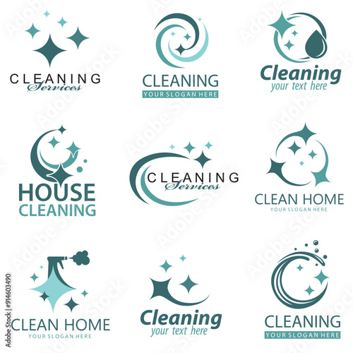 collection of cleaning service design with sparkle stars isolated on white background
