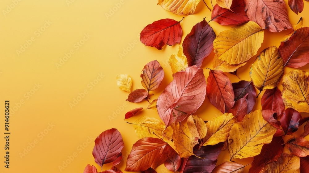 Autumn Leaves and Berries on Yellow Background Autumn Leaves and Berries on Yellow Background