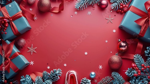 Christmas Ornaments Frame on Blue Background