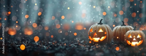 Lit Pumpkins in a Foggy Forest