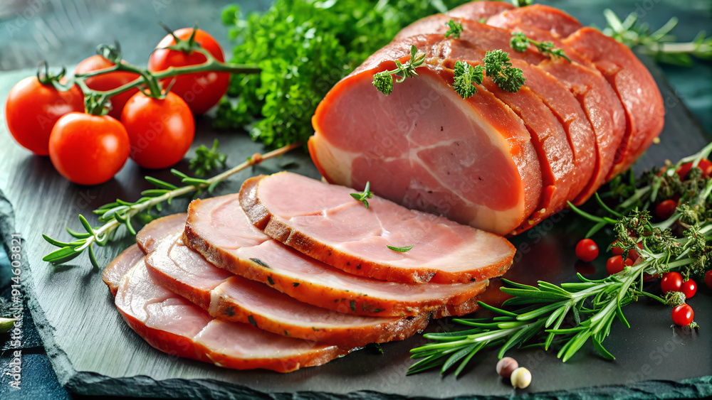 sliced ham and herbs on slate background