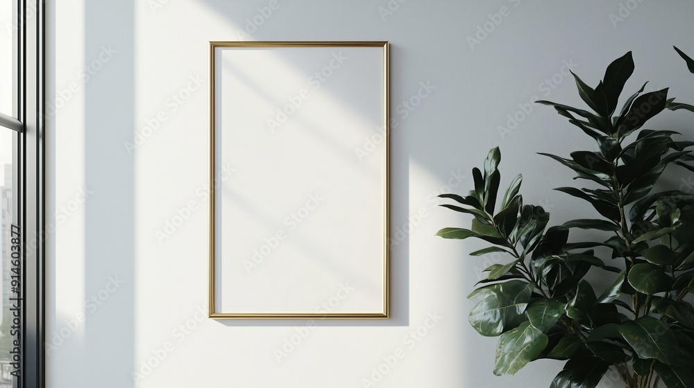 Elegant Empty Frame Hanging on Wall With Lush Green Plant in Bright Natural Light Elegant Empty Frame Hanging on Wall With Lush Green Plant in Bright Natural Light