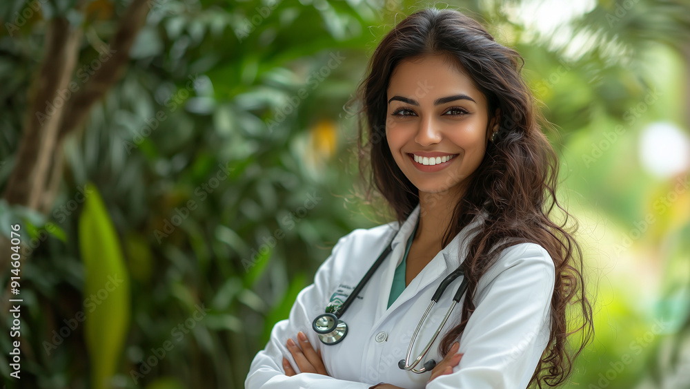 Indian Woman Doctor - doctor, female doctor, healthcare, medical professional, stethoscope, smiling doctor, lab coat, tropical setting, woman in medicine Indian Woman Doctor - doctor, female doctor, healthcare, medical professional, stethoscope, smiling doctor, lab coat, tropical setting, woman in medicine