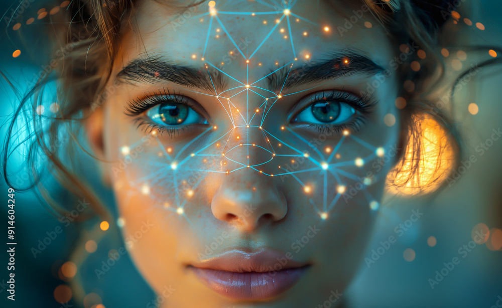 Futuristic Artificial Intelligence Concept with Woman's Face, Digital Neural Network, Data Visualization, AI Technology, Close-Up of Cybernetic Human Model. Digital Native, Female, Teenager, Girl Futuristic Artificial Intelligence Concept with Woman's Face, Digital Neural Network, Data Visualization, AI Technology, Close-Up of Cybernetic Human Model. Digital Native, Female, Teenager, Girl